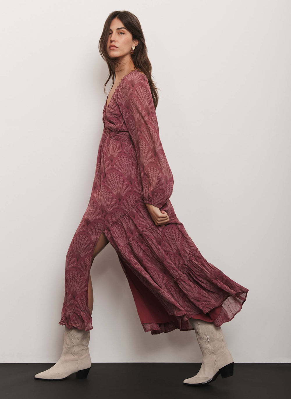 Burgundy Floral Print Midi Dress