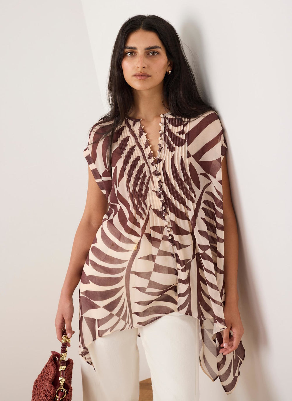Burgundy Palm Print Sheer Tunic Top