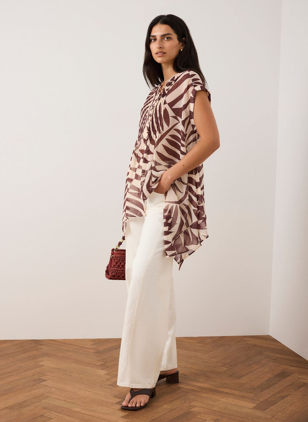 Burgundy Palm Print Sheer Tunic Top