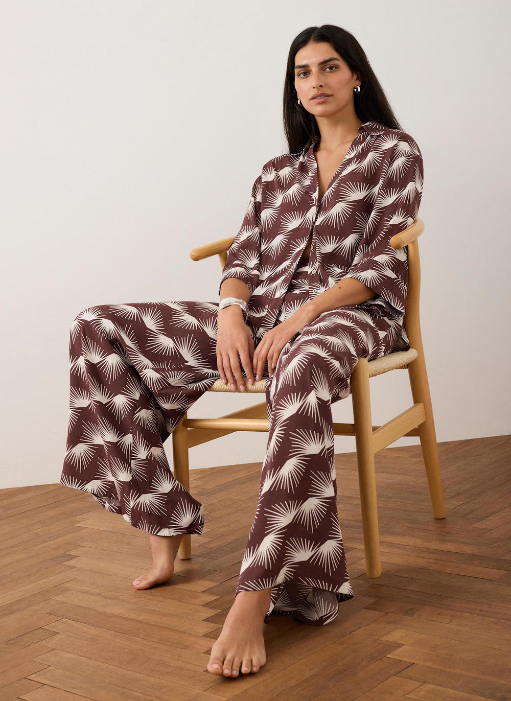 Burgundy Graphic Print Wide Leg Trousers