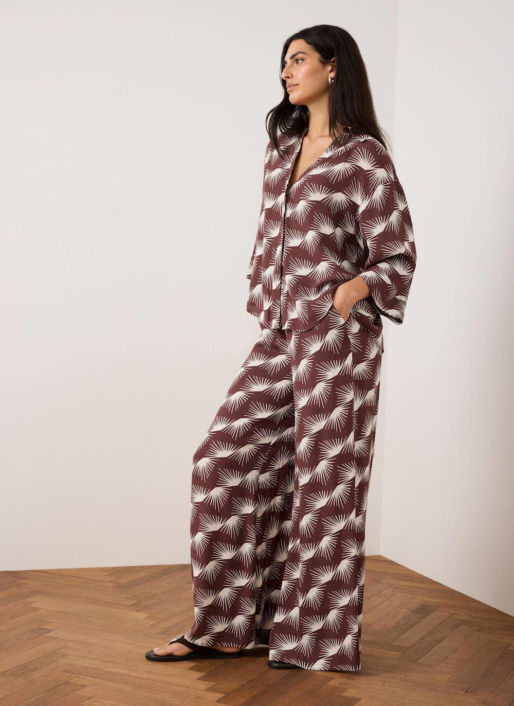 Burgundy Graphic Print Wide Leg Trousers