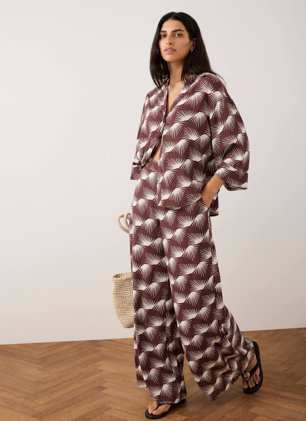Burgundy Graphic Print Wide Leg Trousers