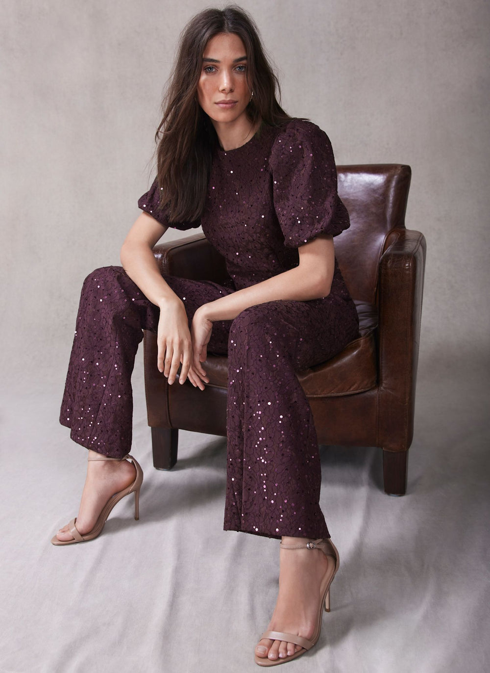 Burgundy Sequin Lace Puff Sleeve Top