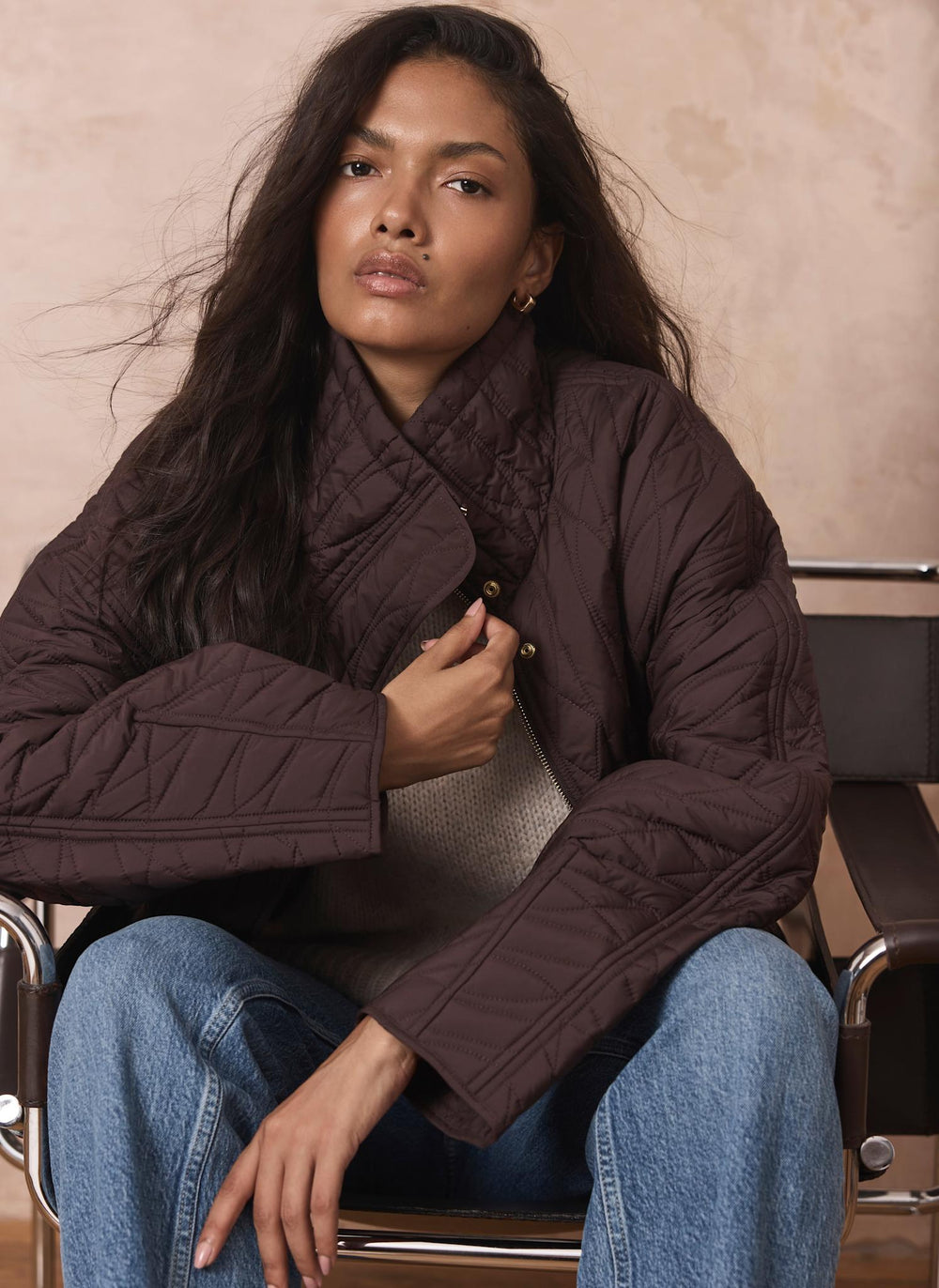 Brown Quilted Peplum Jacket