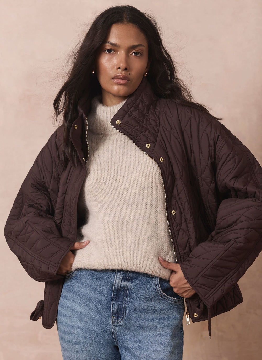 Brown Quilted Peplum Jacket