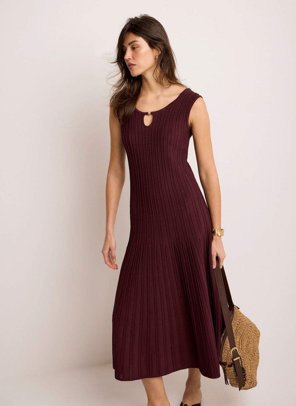 Burgundy Ribbed Beaded Midi Dress