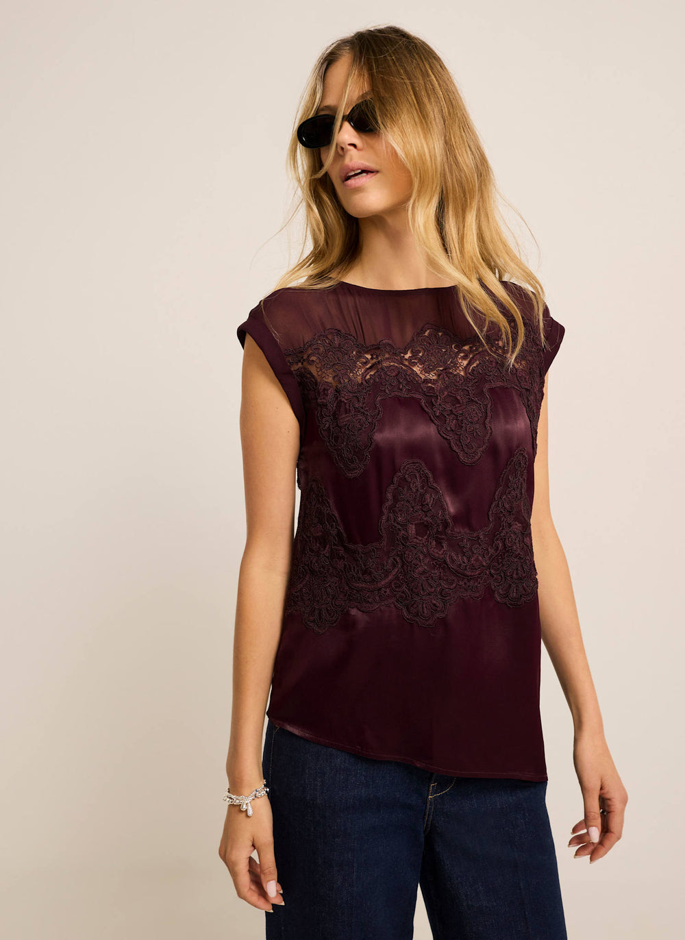 Burgundy Satin Lace Detail Top