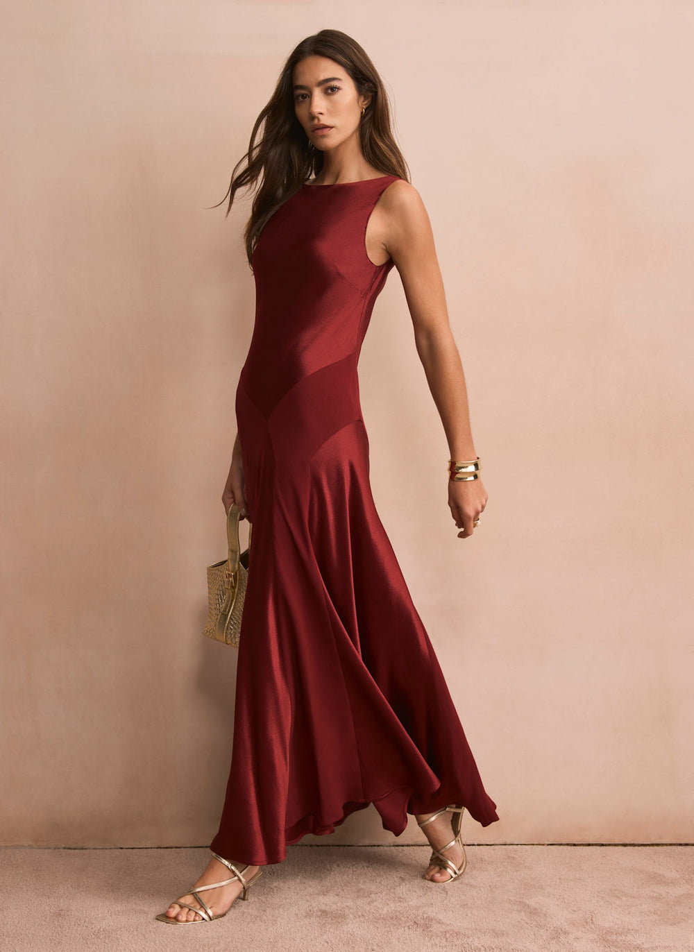 Burgundy Satin Panelled Maxi Dress