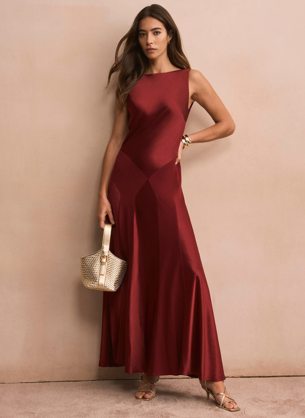 Burgundy Satin Panelled Maxi Dress