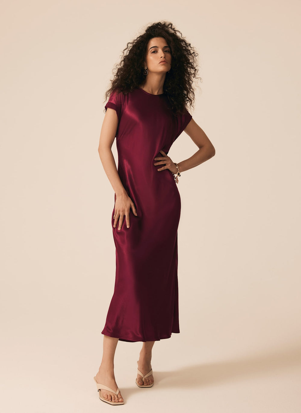 Burgundy Satin Midi Dress