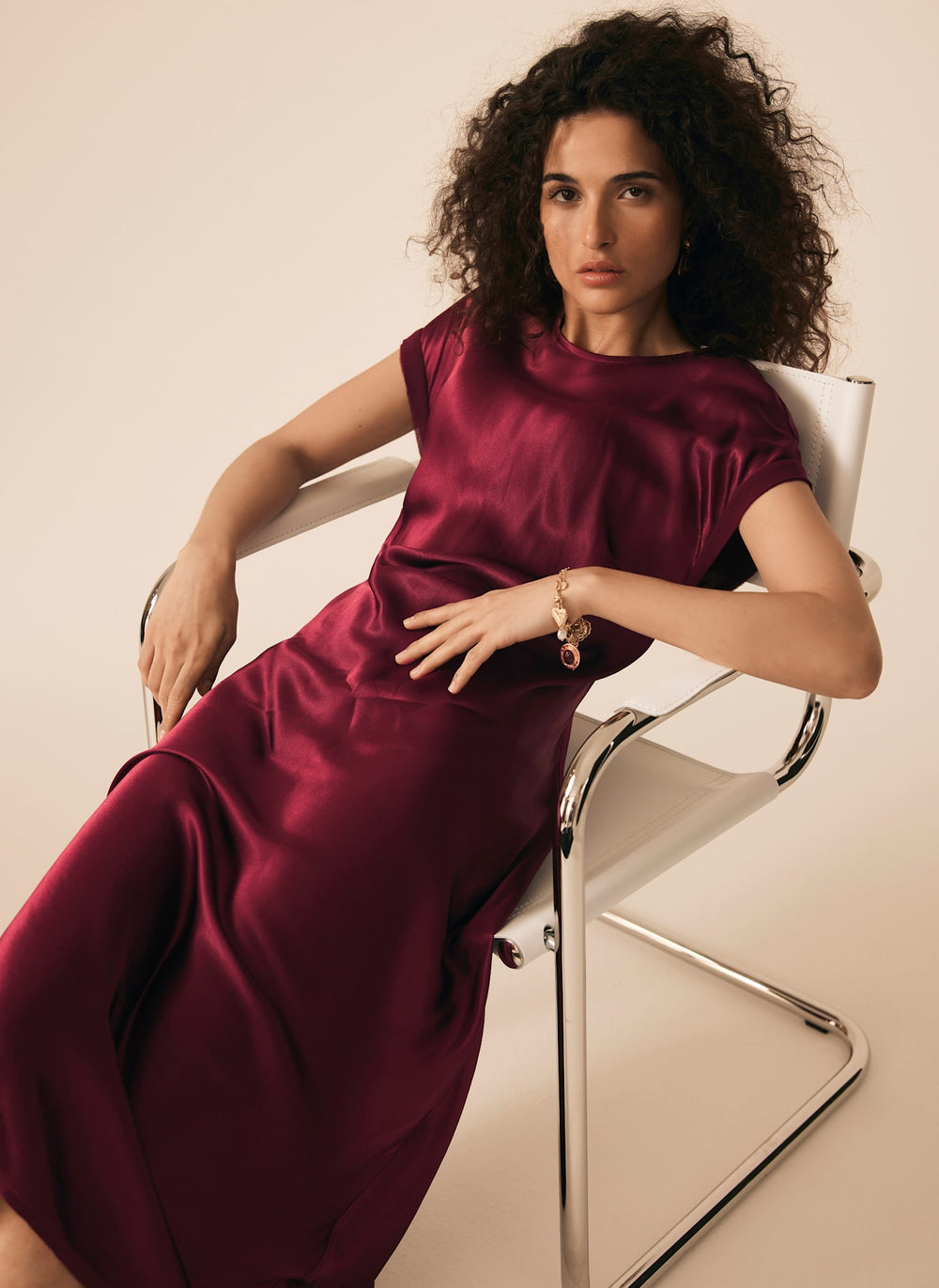 Burgundy Satin Midi Dress