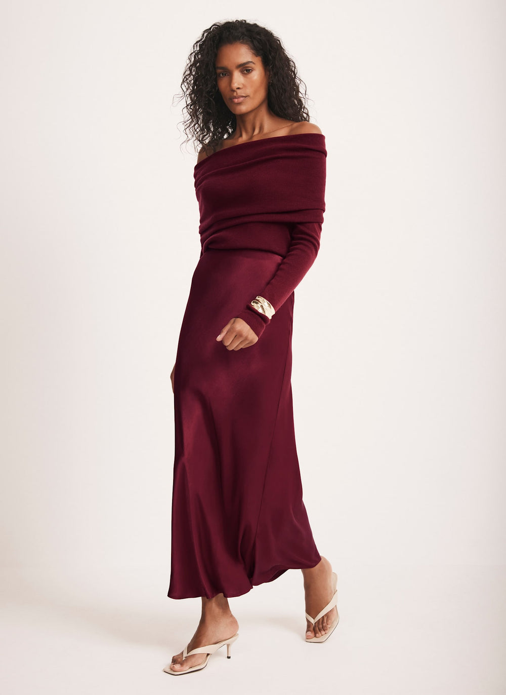Burgundy Satin Slip Midi Skirt
