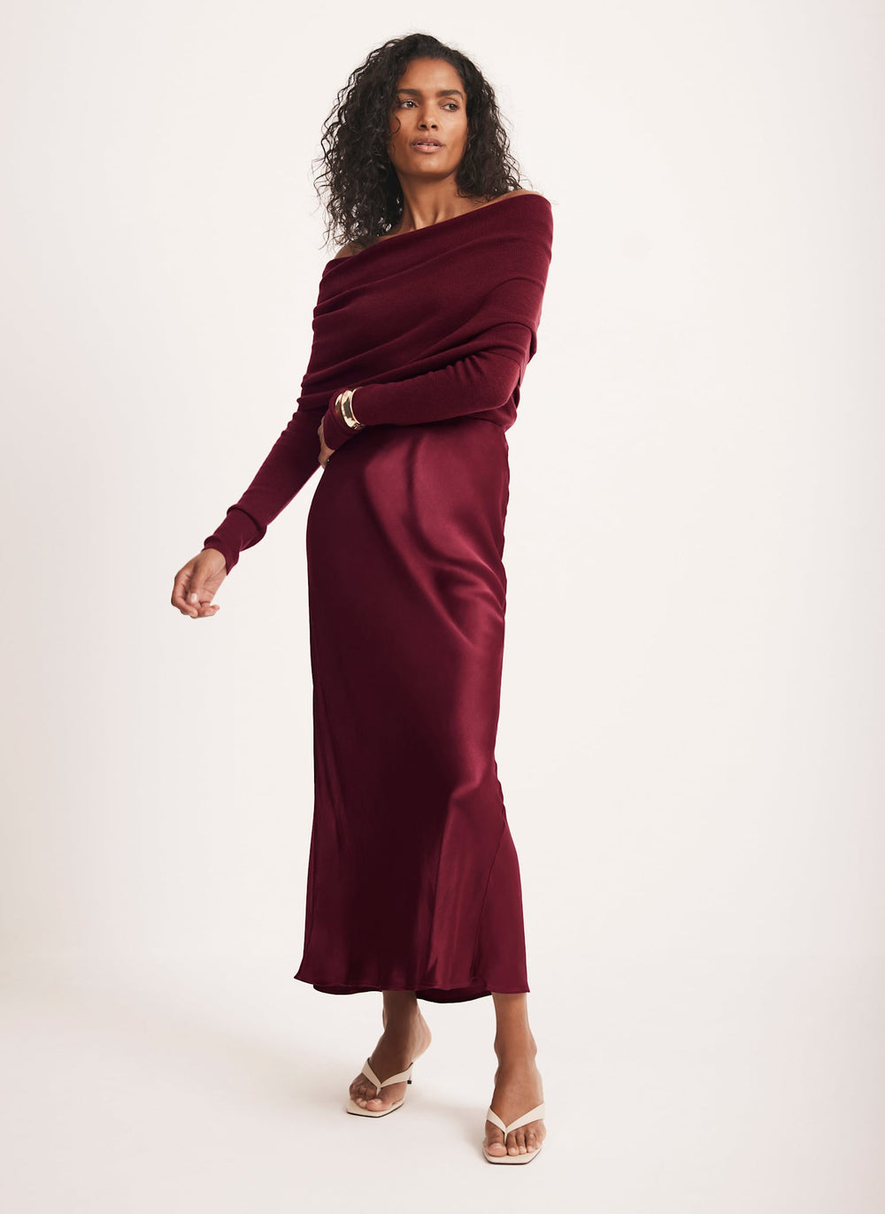 Burgundy Satin Slip Midi Skirt