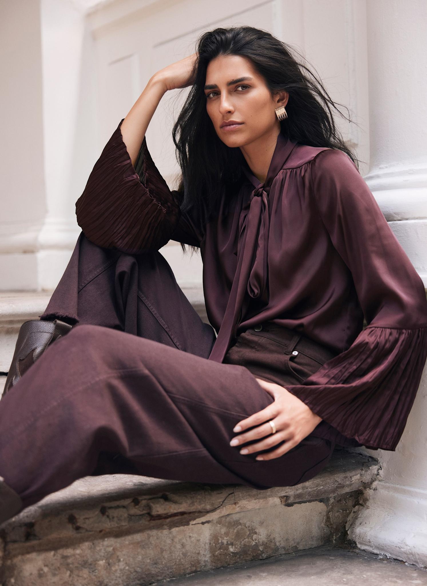 Burgundy Satin Tie Neck Blouse – Mint Velvet