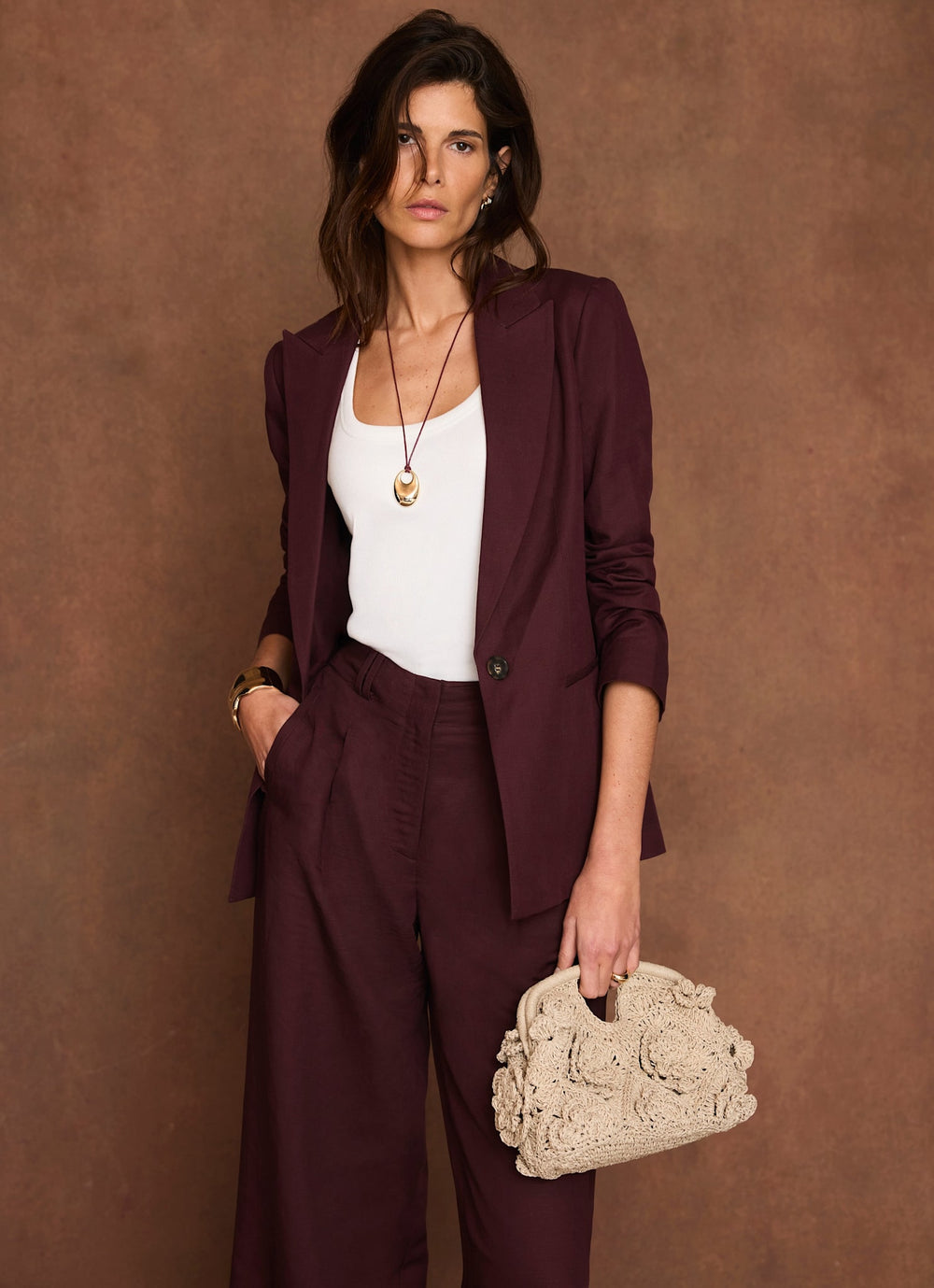 Burgundy Linen Blend Single Breasted Blazer