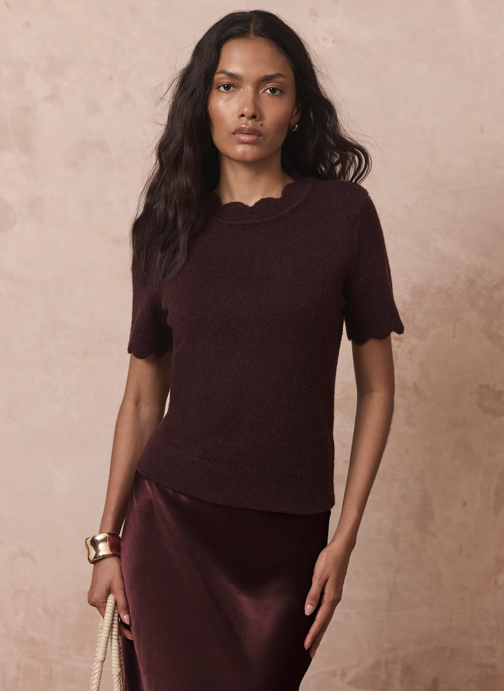Burgundy Scallop Trim Knit Top