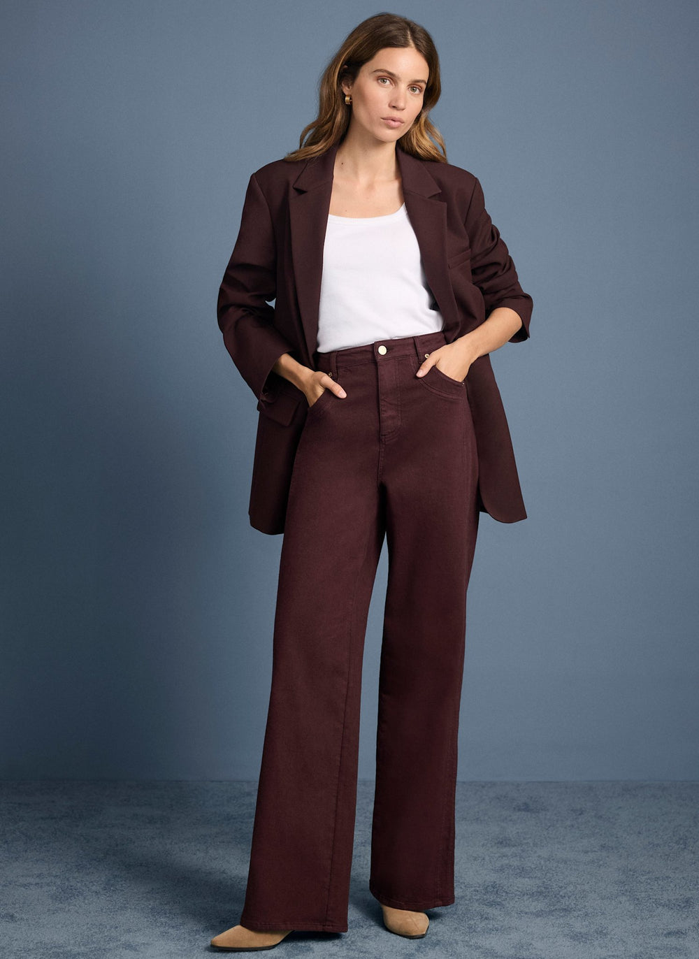 Burgundy Seam Detail Wide Jeans