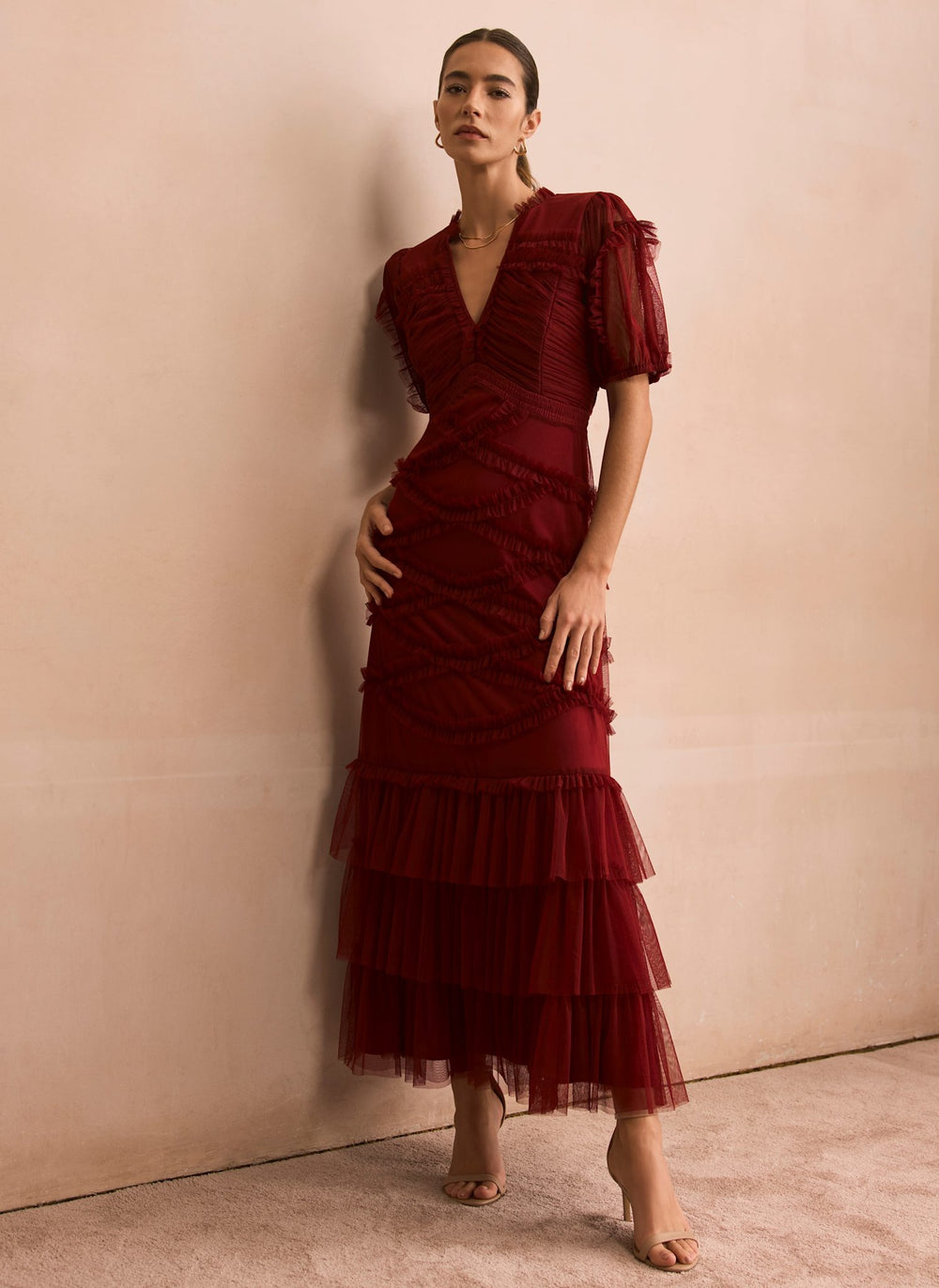 Burgundy Tulle Ruffle Maxi Dress