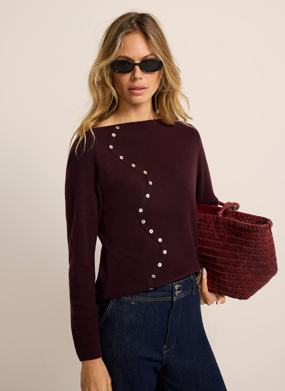 Burgundy Cotton Blend Button Detail Knit Top