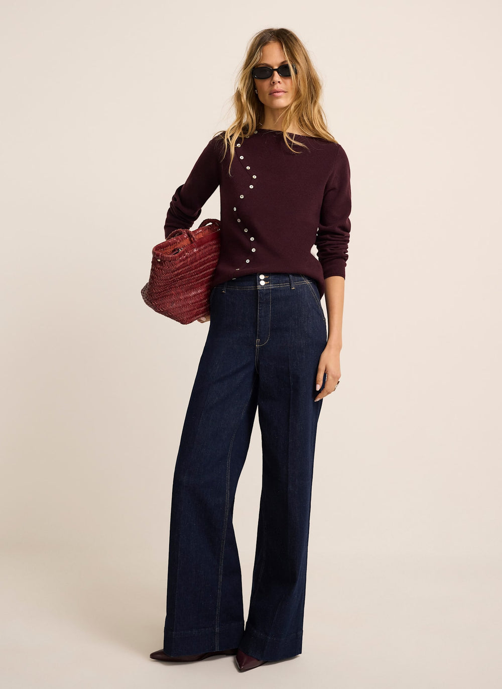 Burgundy Cotton Blend Button Detail Knit Top