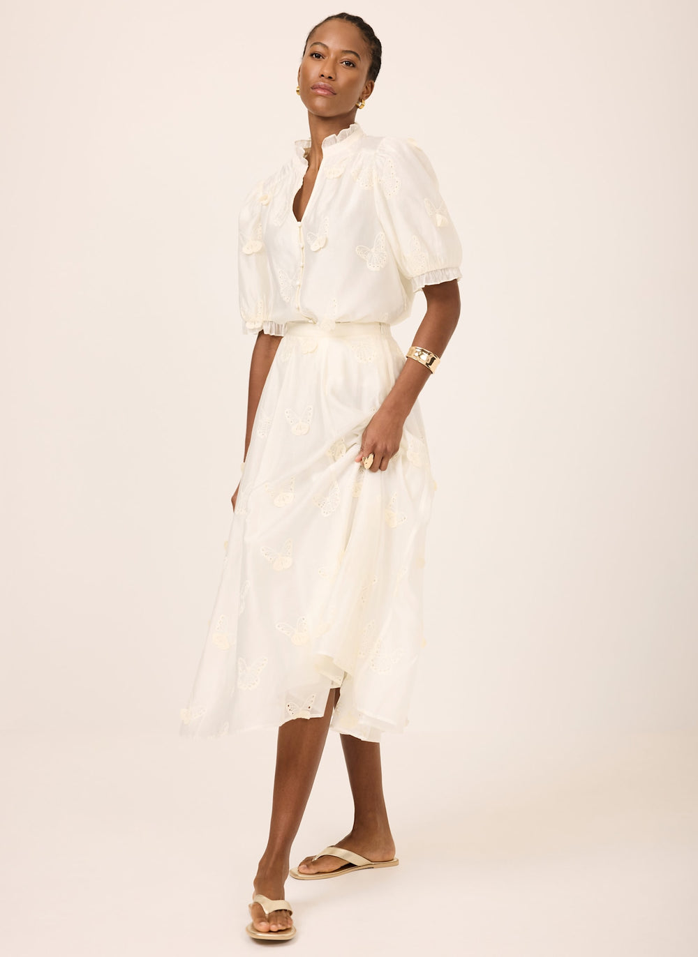 White Embroidered Butterfly Detail Midi Skirt