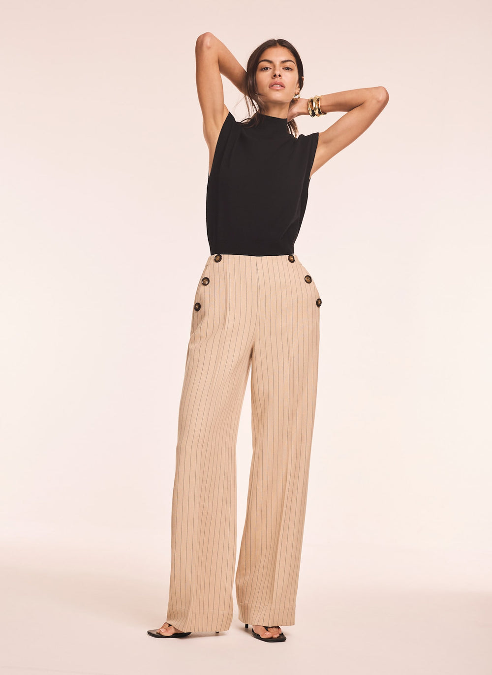 Neutral Button Front Pinstripe Trousers