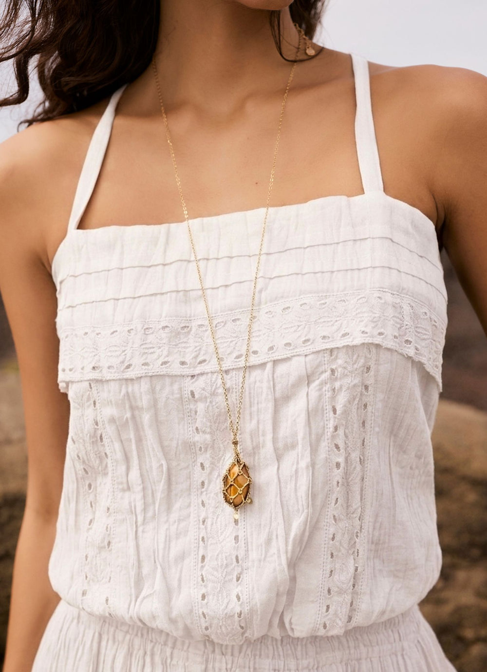 Gold Tone Caged Stone Pendant Necklace
