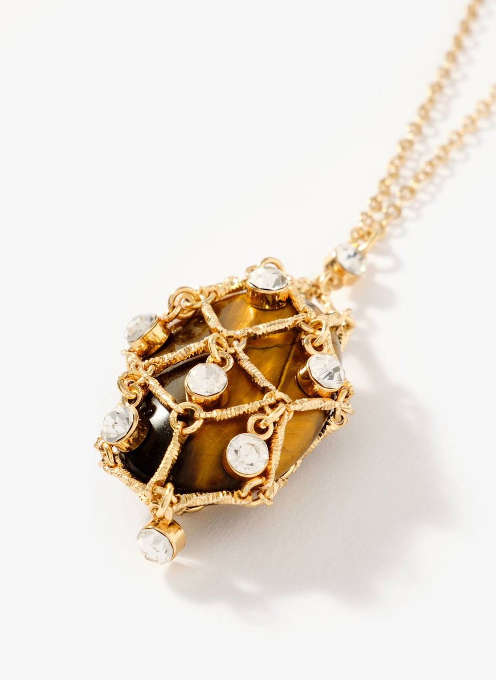 Gold Tone Caged Stone Pendant Necklace