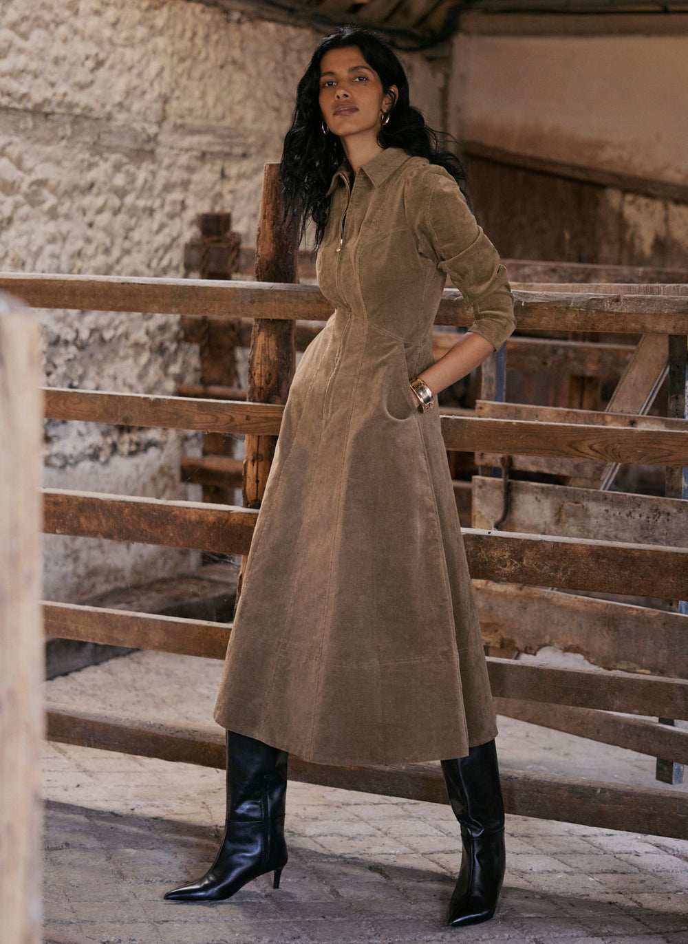 Brown Corduroy Midi Dress