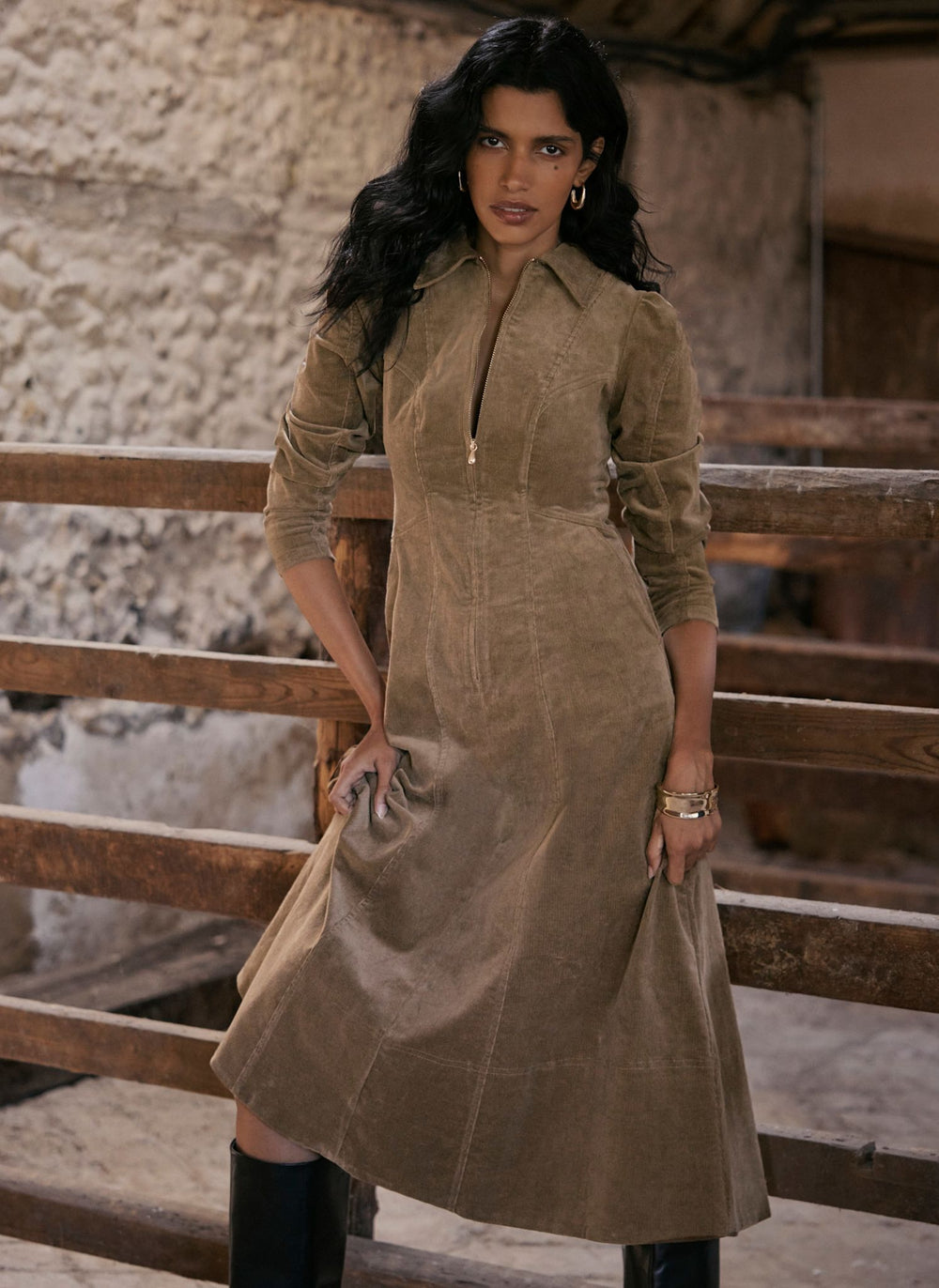 Brown Corduroy Midi Dress