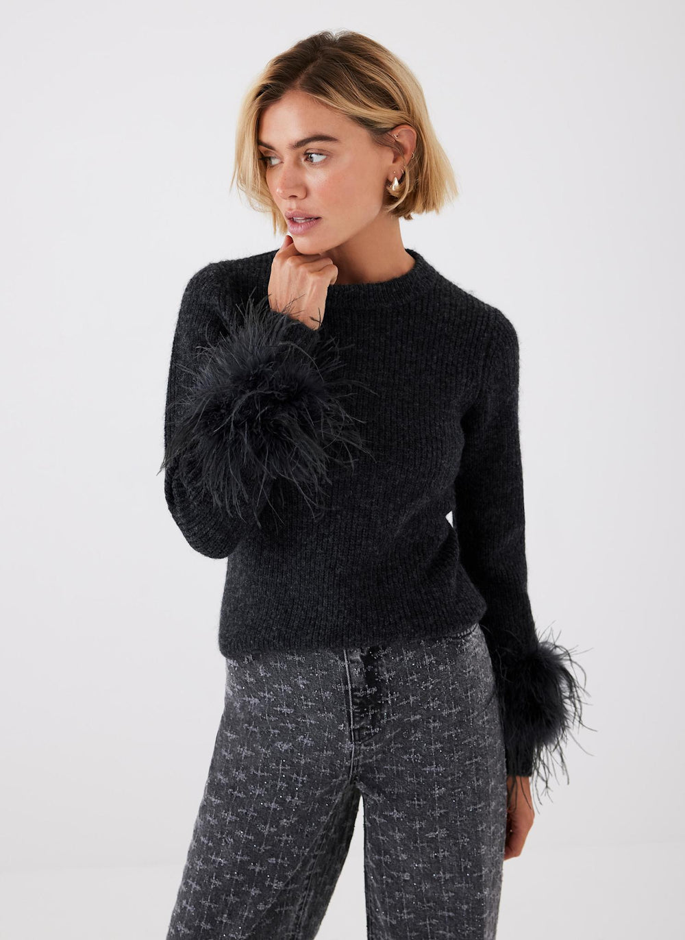 Grey Feather Trim Jumper