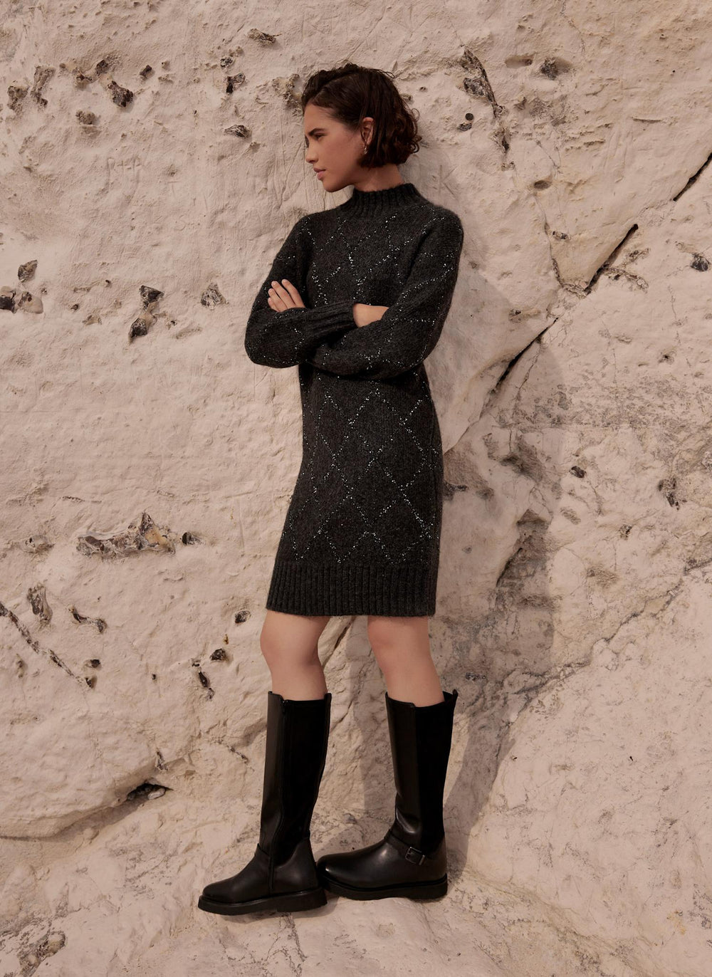 Grey Sequin Knit Mini Dress