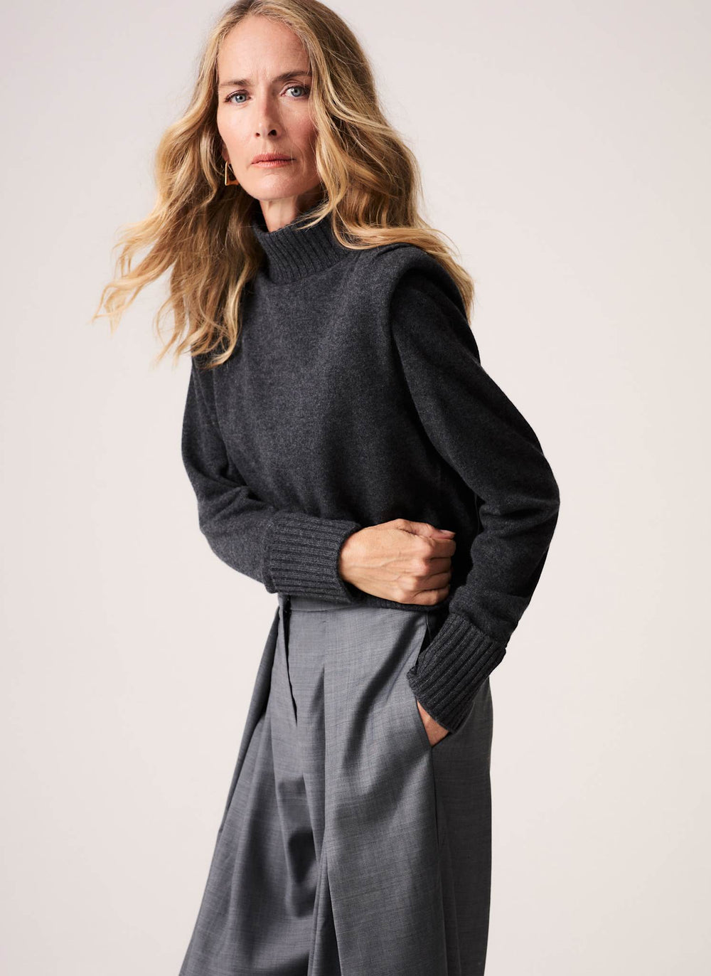 Grey Cashmere Wool Blend Shoulder Pad Jumper