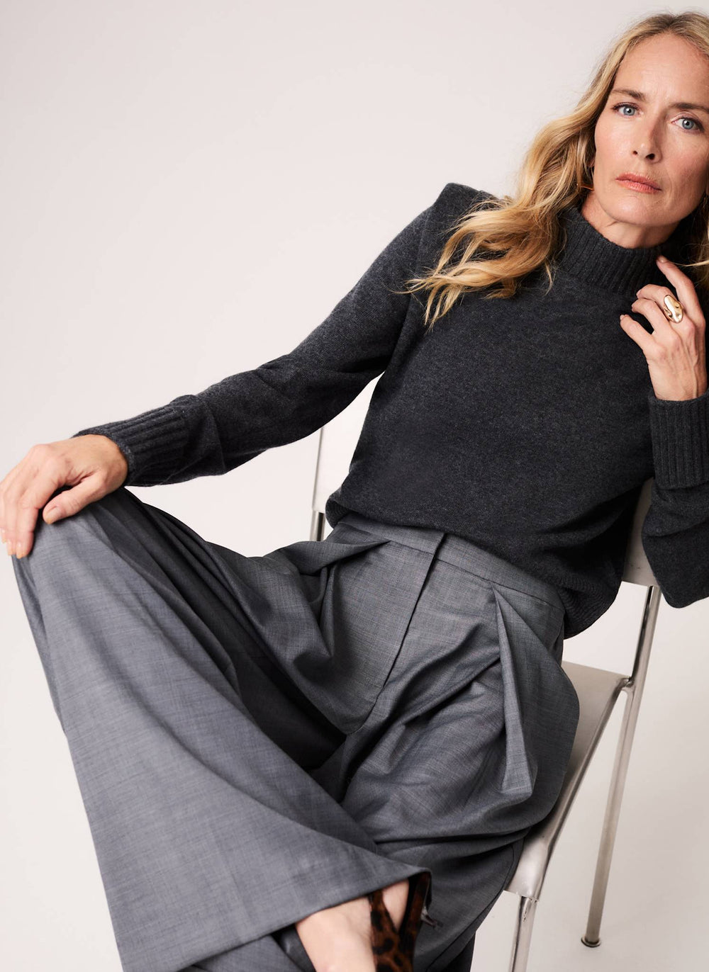 Grey Cashmere Wool Blend Shoulder Pad Jumper