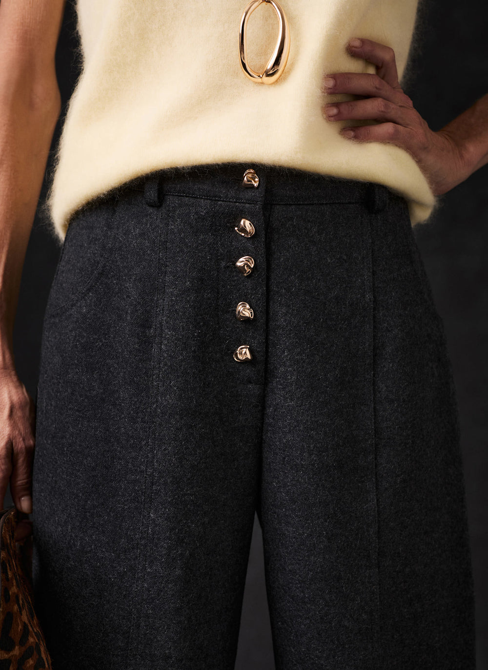 Grey Wool Blend Barrel Leg Trousers