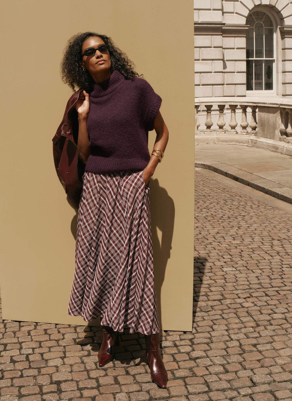 Brown Checked Midi Skirt