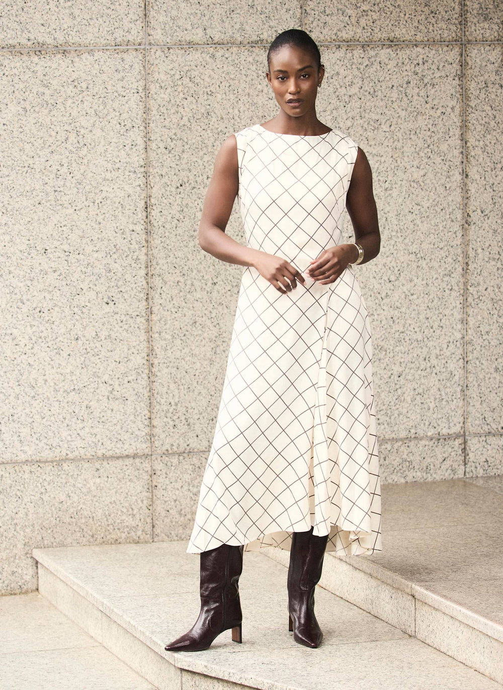 Cream Satin Checked Midi Dress