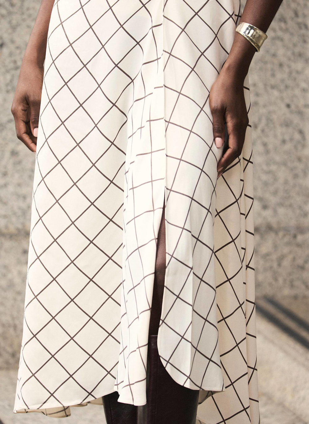 Cream Satin Checked Midi Dress