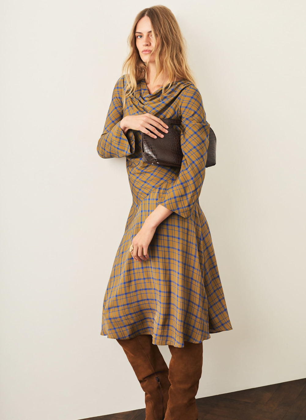 Yellow Checked Cowl Neck Midi Dress