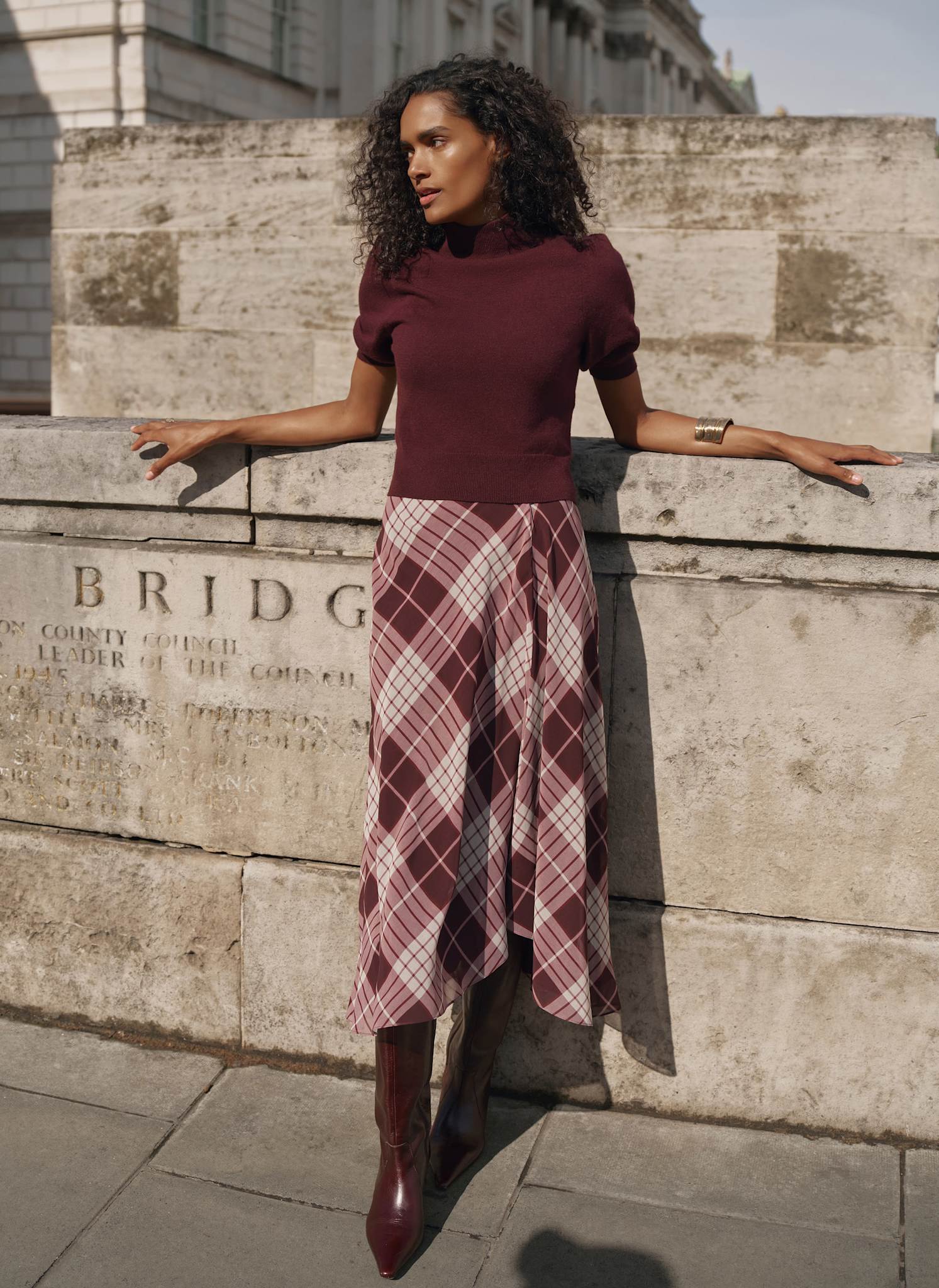 Burgundy Checked 2-in-1 Midi Dress – Mint Velvet