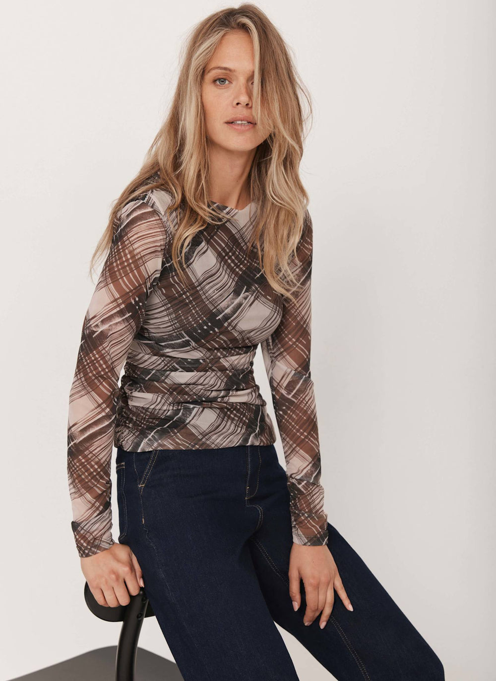 Brown Checked Mesh Top
