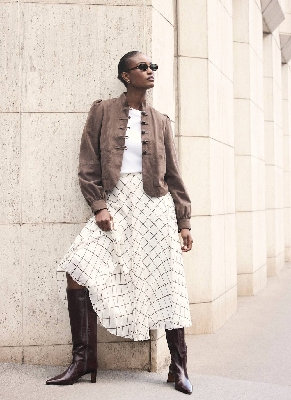Neutral Checked Midi Skirt