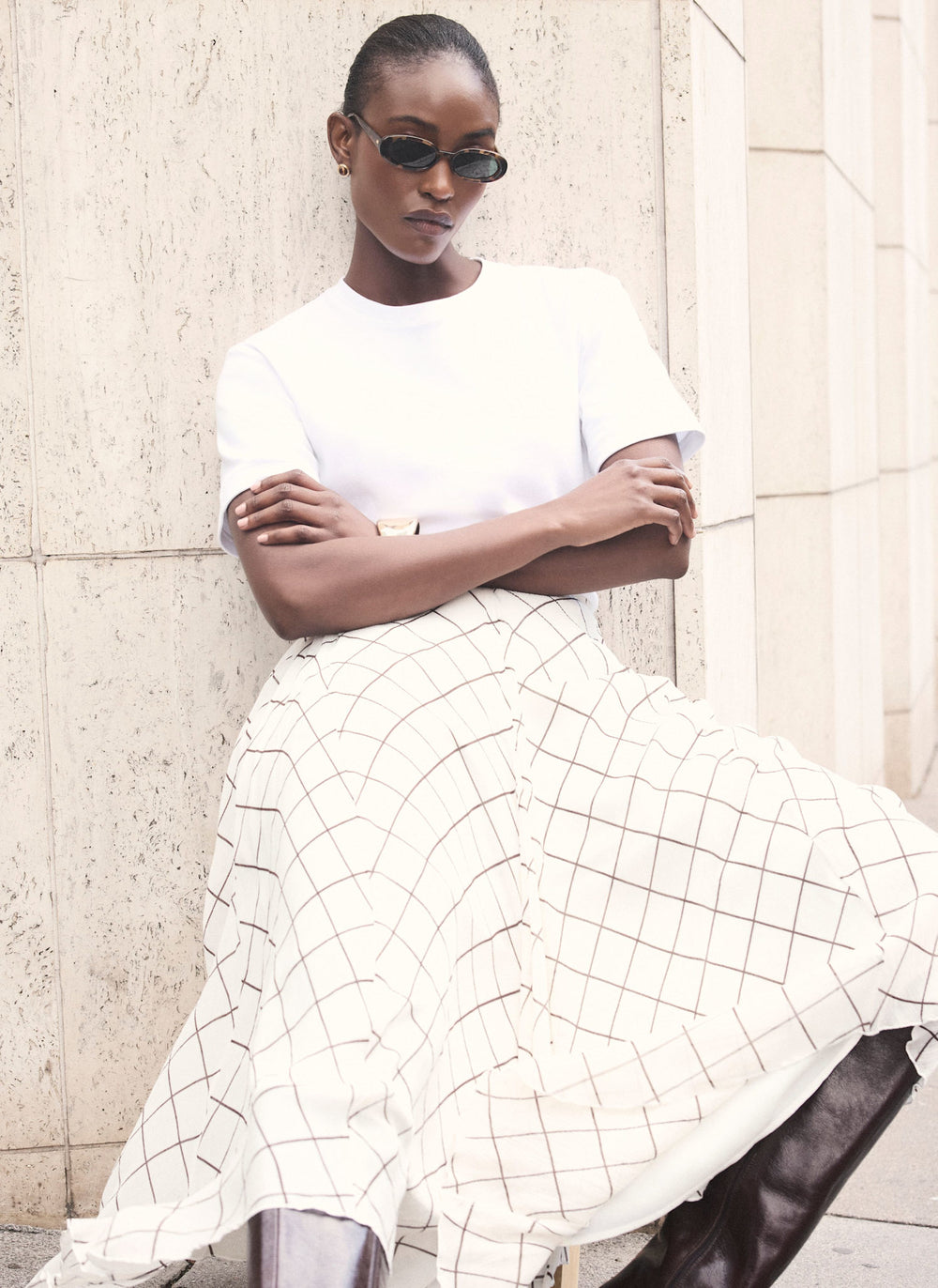 Neutral Checked Midi Skirt