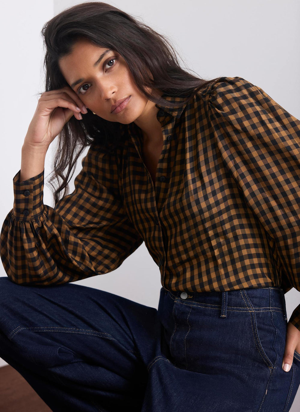 Black Check Puff Sleeve Shirt
