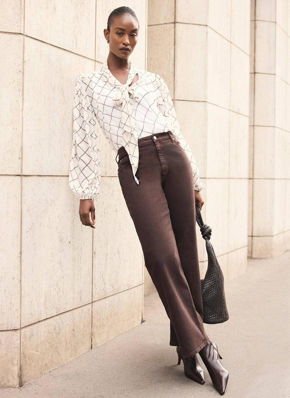 Cream Checked Pussy Bow Blouse