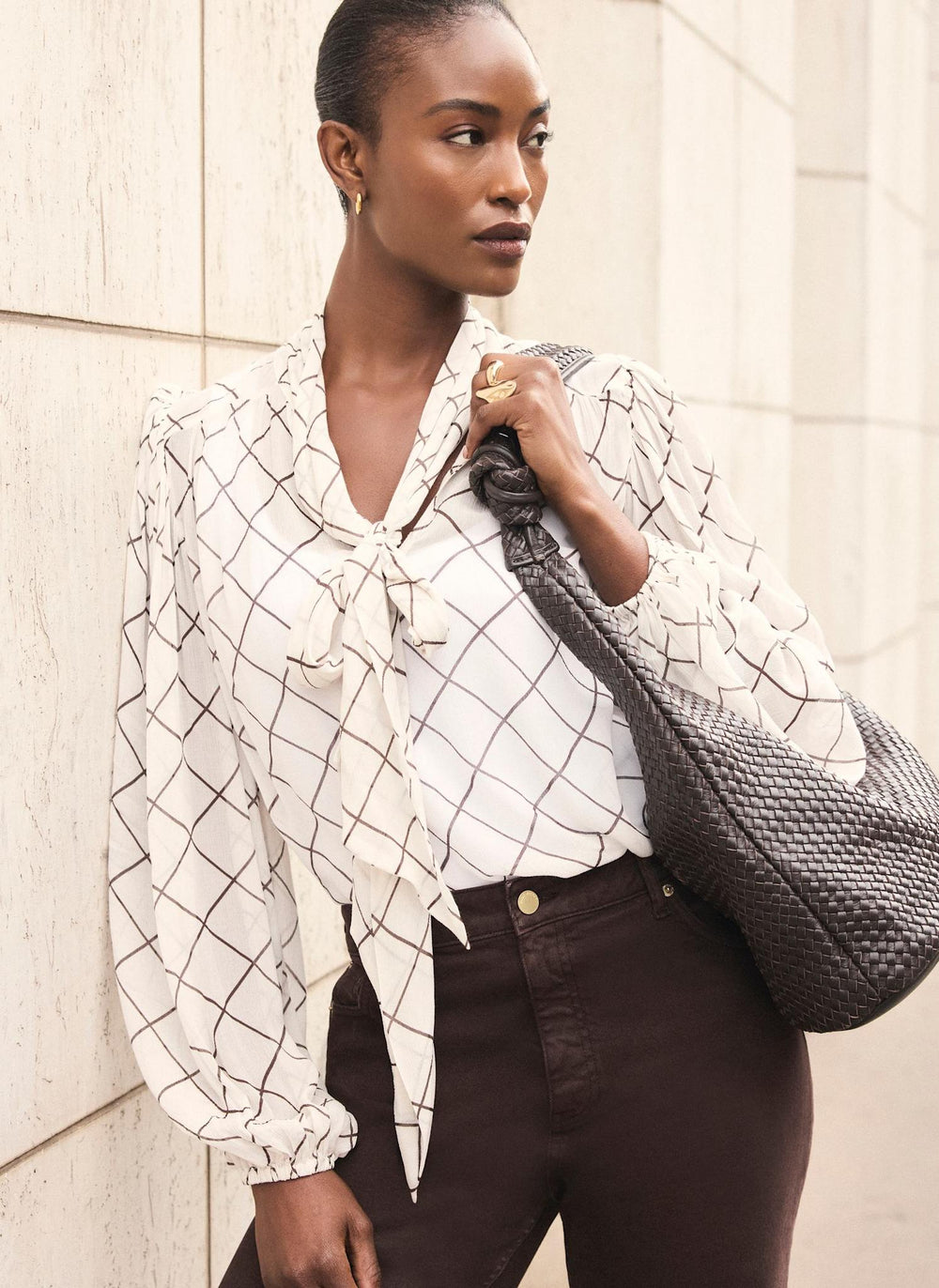 Cream Checked Pussy Bow Blouse