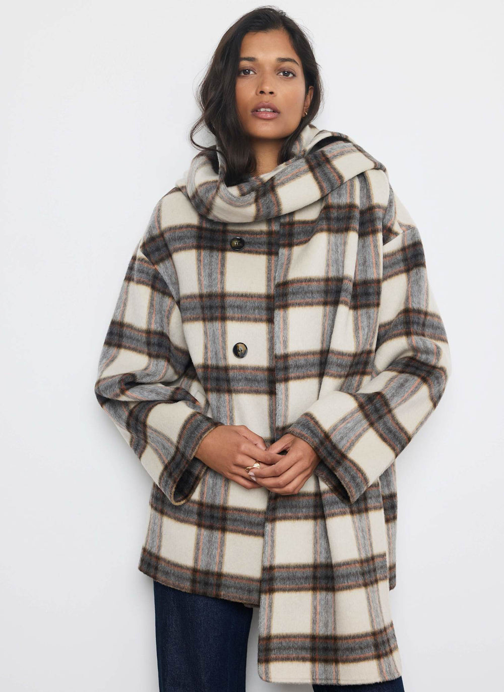 Neutral Check Wool Blend Hand Finished Scarf Coat