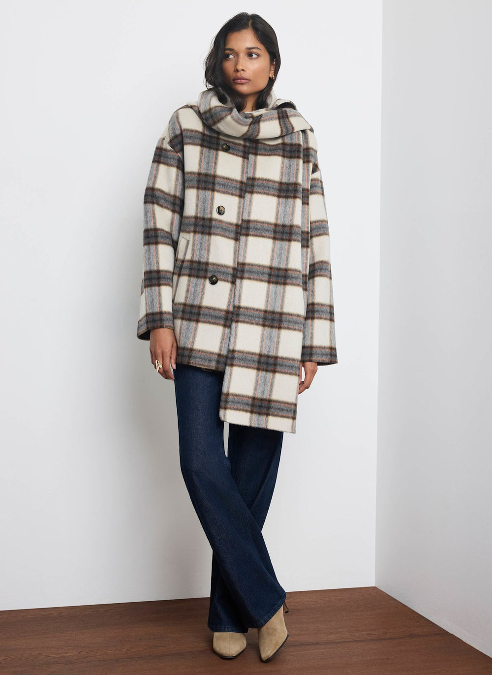 Neutral Check Wool Blend Hand Finished Scarf Coat