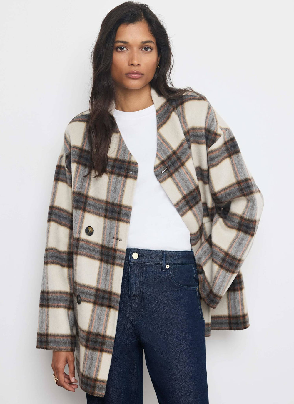 Neutral Check Wool Blend Hand Finished Scarf Coat