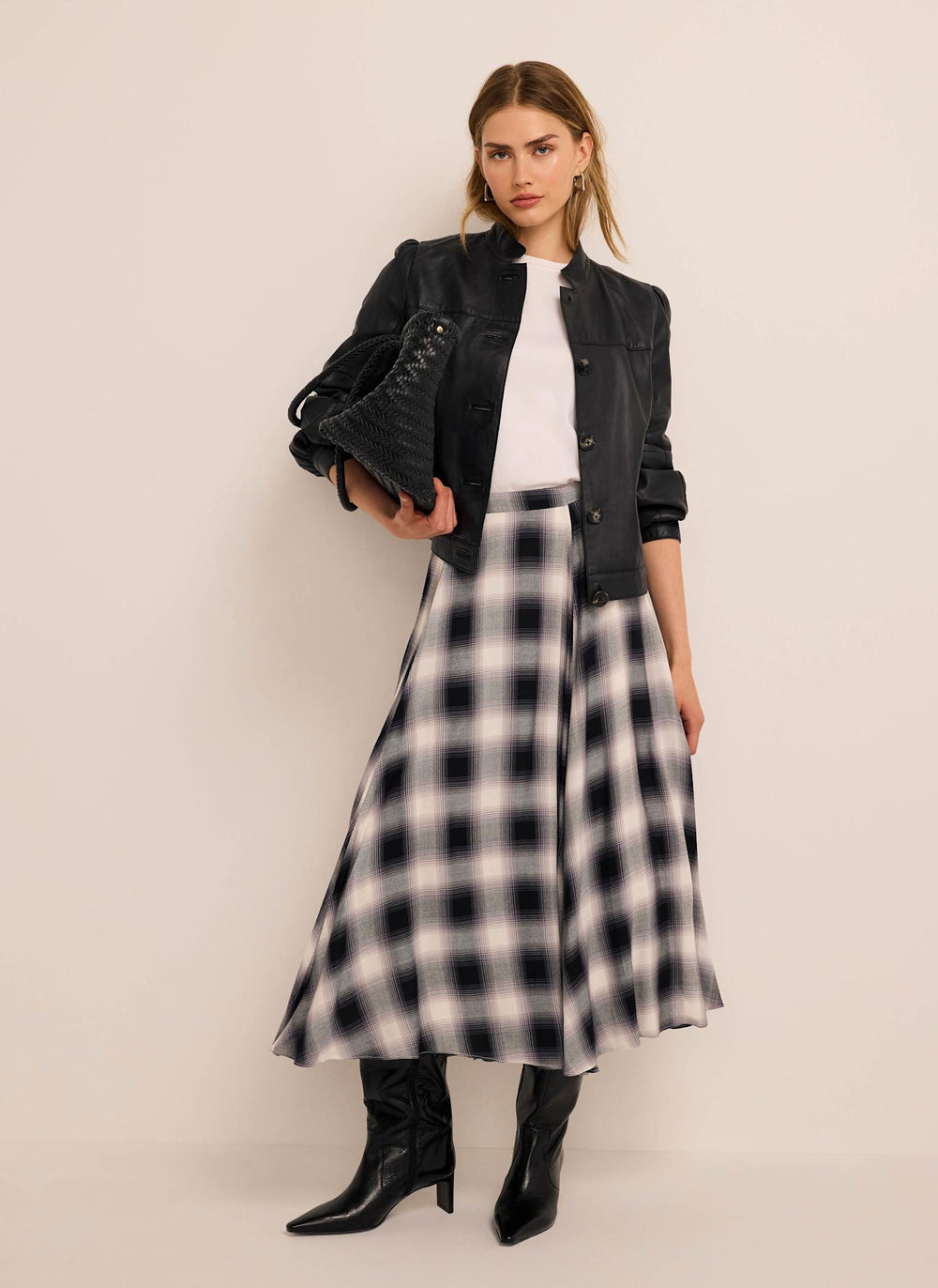 Grey Check Flounce Midi Skirt